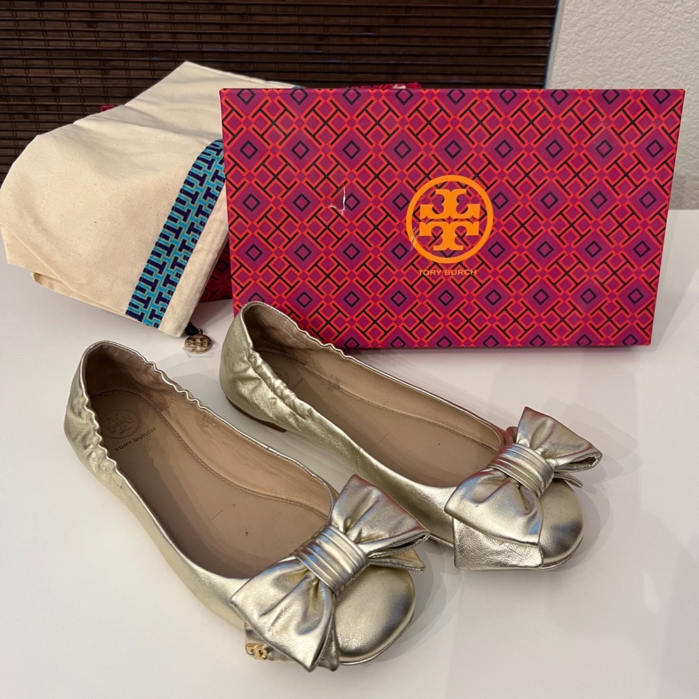 Tory Burch Bow Flats Soft Metallic Hold Size 8